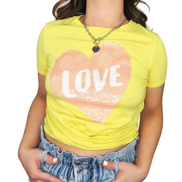 Y2k Pastel Yellow Flip Sequin Heart Crop Baby Tee Small - Picture 1 of 6